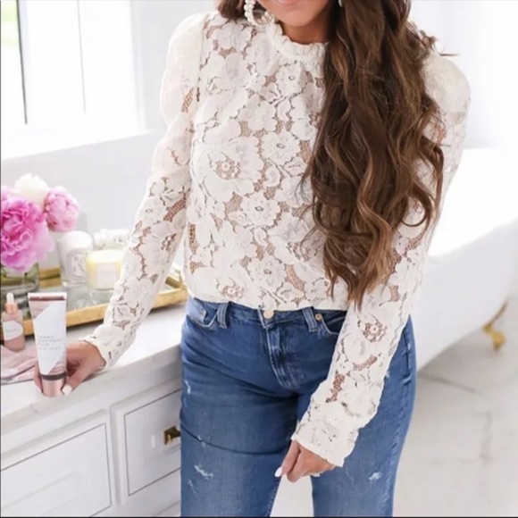 Tops - New!  Dreamy White Lace Mock Neck Puff Sleeve Top